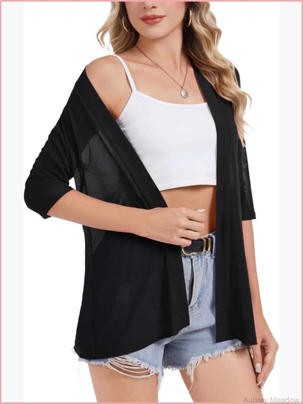 Sheer Mesh 3/4 Sleeve Open Front Cardigan Lightweight Beach Cover Up